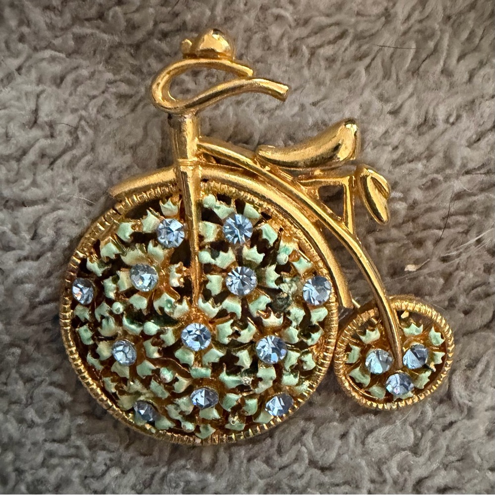Vintage Bicycle Brooch with Blue Rhinestones